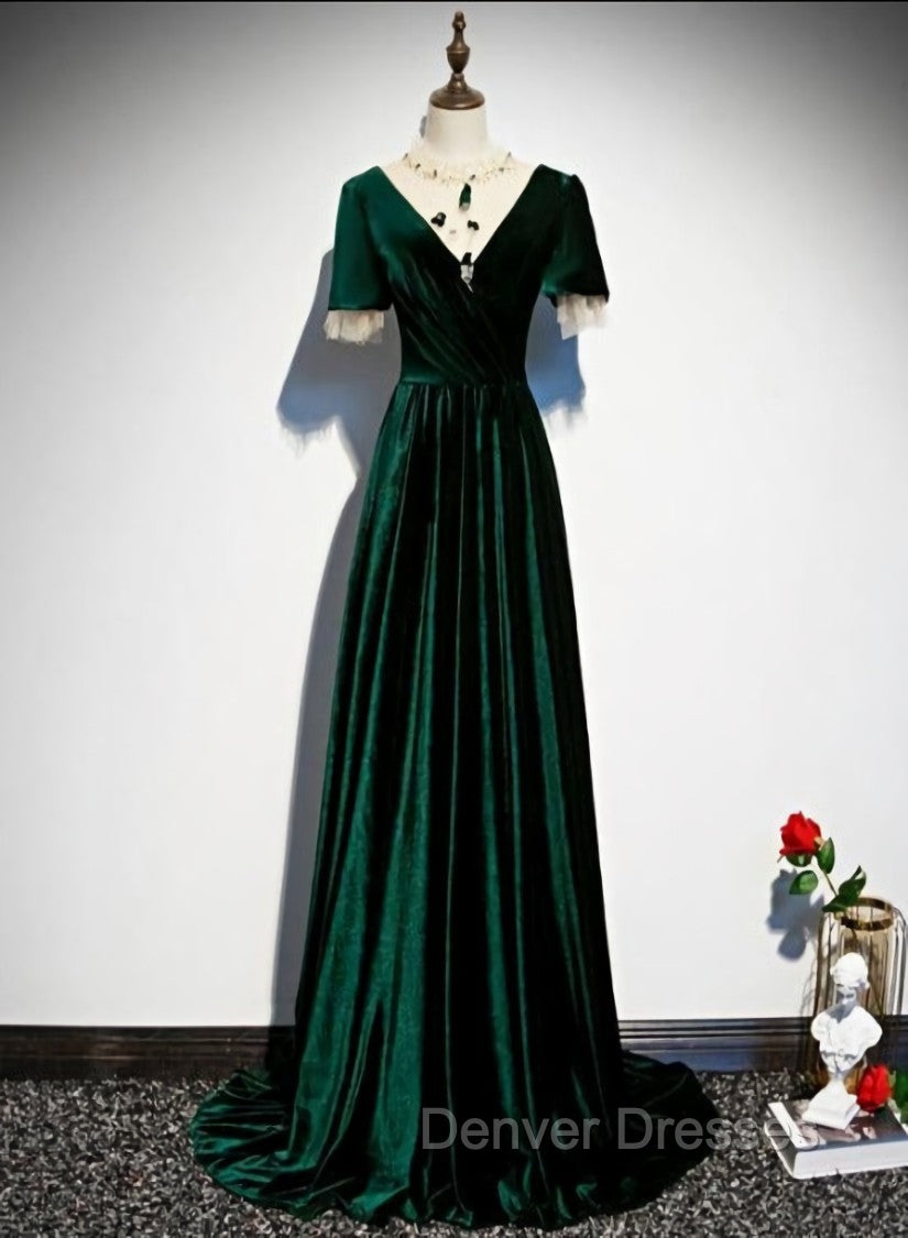 Dark Green Velvet Short Sleeves A-line Bridesmaid Dress, A-line Wedding Party Dress Prom Dress