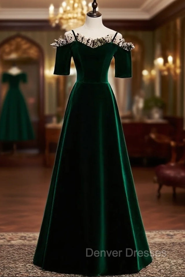 Dark Green Velvet Spaghetti Straps Prom Dress