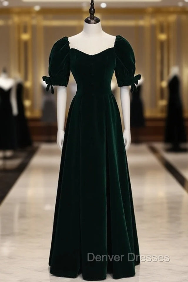Dark Green Velvet Square Puff Sleeve Prom Dress Main image