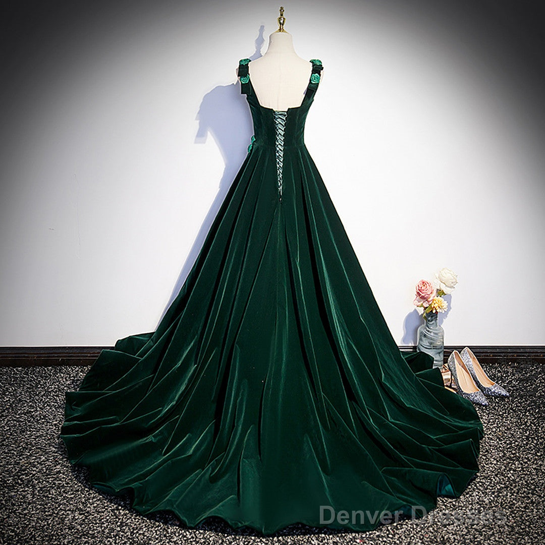 Dark Green Velvet Straps Long Formal Dress With Flowers, Green Evening Dress Prom Dress