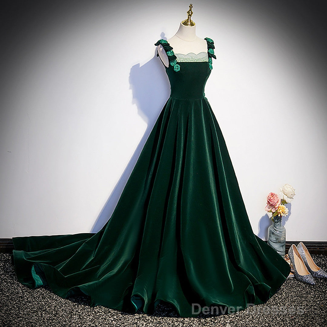 Dark Green Velvet Straps Long Formal Dress With Flowers, Green Evening Dress Prom Dress