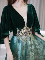 Dark Green Velvet With Tulle Long Party Dress, Dark Green A-Line Formal Dress Prom Dress