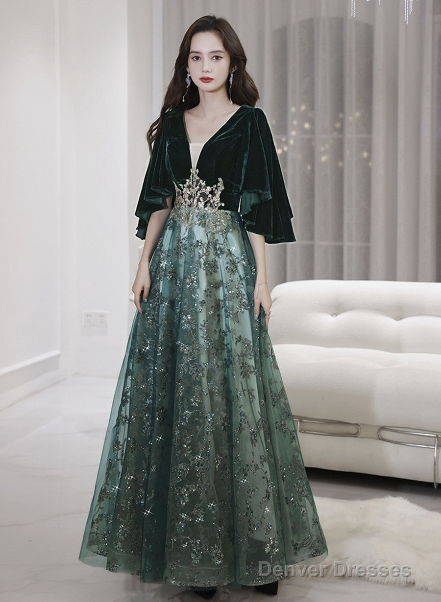 Dark Green Velvet With Tulle Long Party Dress, Dark Green A-Line Formal Dress Prom Dress Main image