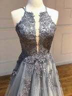 Dark Grey Halter Backless Tulle with Lace Party Dress A-line Grey Formal Dress prom Dress shops