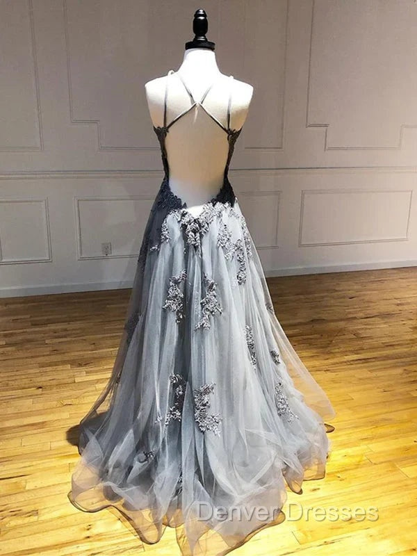 Dark Grey Halter Backless Tulle with Lace Party Dress A-line Grey Formal Dress prom Dress shops
