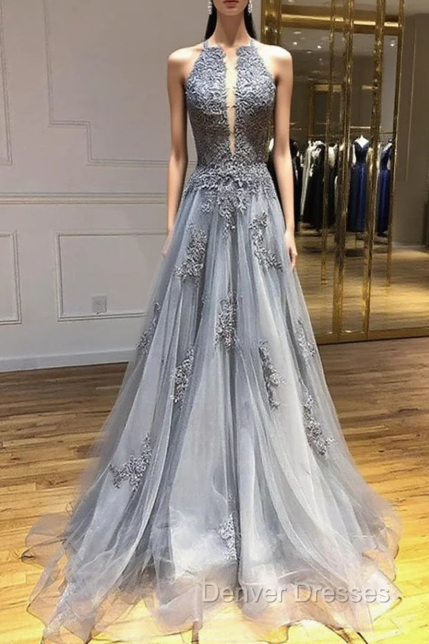 Dark Grey Halter Backless Tulle with Lace Party Dress A-line Grey Formal Dress prom Dress shops