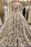 Dark Khaki Ball Gown Tulle Embroidery Appliques Off the Shoulder Prom Dress