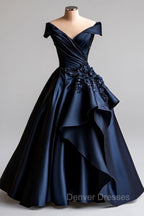 Dark Navy A-Line V Neck Satin Long Prom Dress Simple Applique Evening Dress