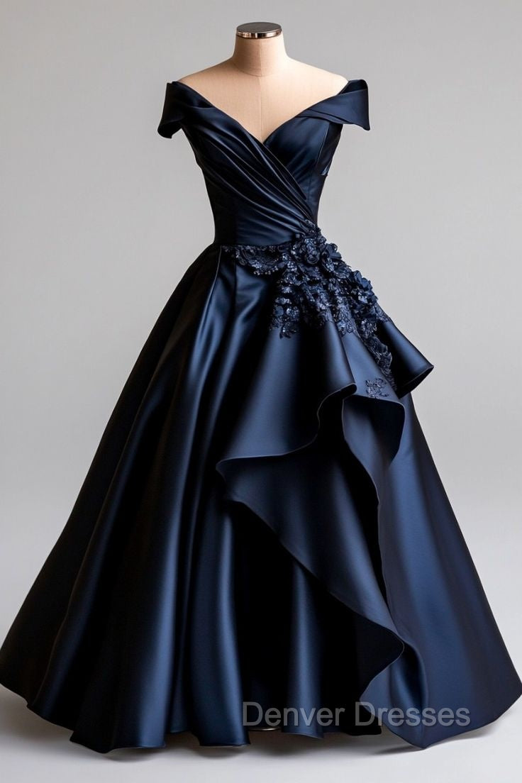 Dark Navy A-Line V Neck Satin Long Prom Dress Simple Applique Evening Dress