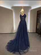 Dark Navy Blue Long Lace Prom Dress, Dark Navy Blue Long Lace Formal Evening Dress
