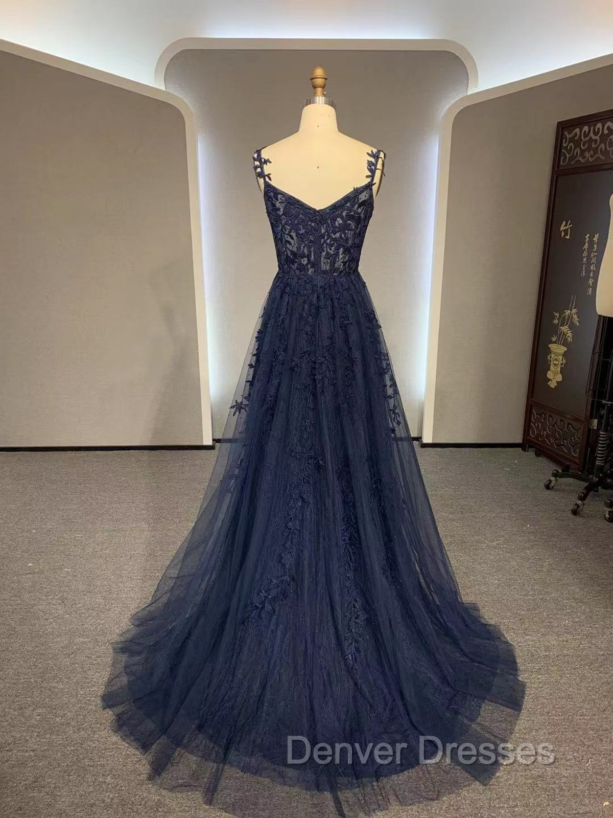 Dark Navy Blue Long Lace Prom Dress, Dark Navy Blue Long Lace Formal Evening Dress