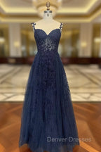 Dark Navy Blue Long Lace Prom Dress, Dark Navy Blue Long Lace Formal Evening Dress