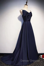 Dark Navy Blue Long Satin Prom Dress, Dark Navy Blue Long Formal Evening Dress