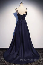 Dark Navy Blue Long Satin Prom Dress, Dark Navy Blue Long Formal Evening Dress