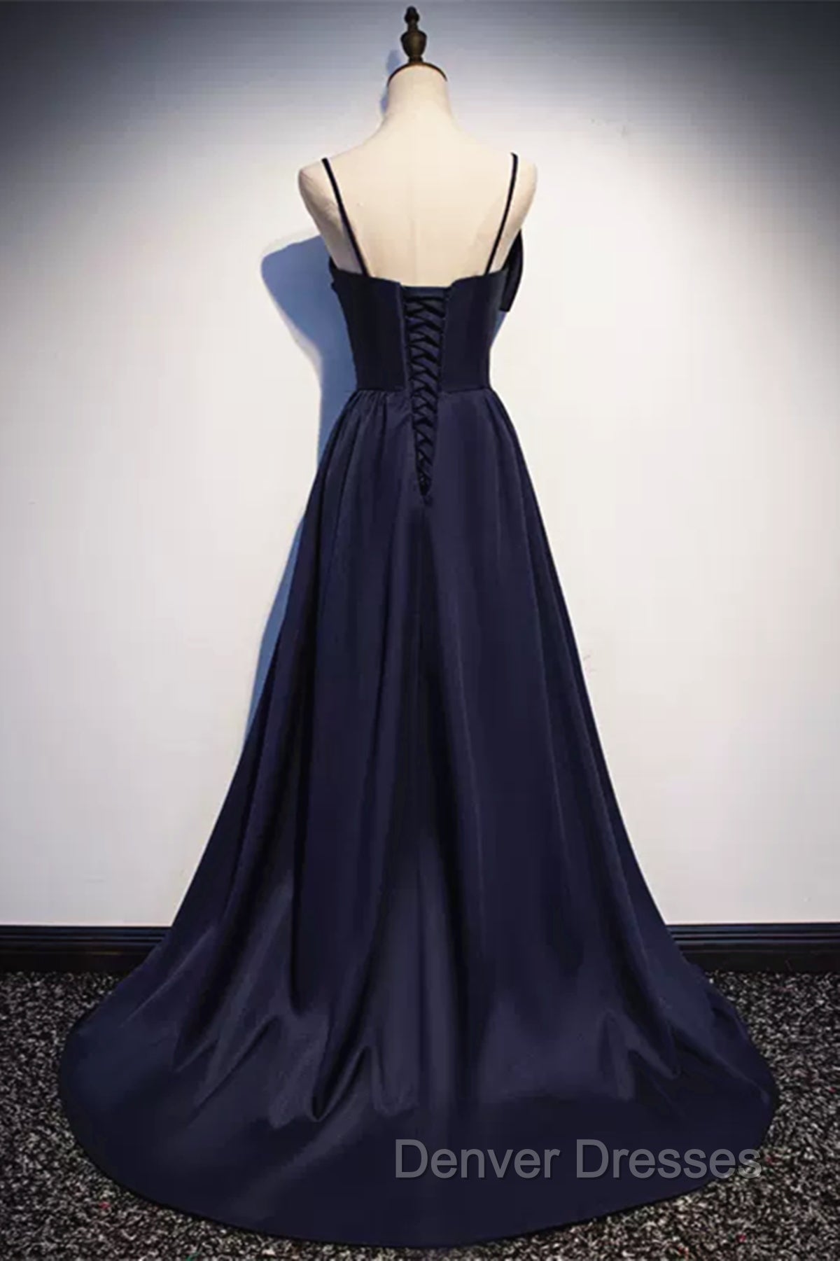 Dark Navy Blue Long Satin Prom Dress, Dark Navy Blue Long Formal Evening Dress