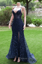 Dark Navy Blue Prom Dress Long Sequins Mermaid Women Tulle Evening Dress Spaghetti Straps