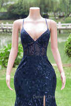 Dark Navy Blue Prom Dress Long Sequins Mermaid Women Tulle Evening Dress Spaghetti Straps