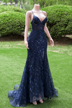 Dark Navy Blue Prom Dress Long Sequins Mermaid Women Tulle Evening Dress Spaghetti Straps