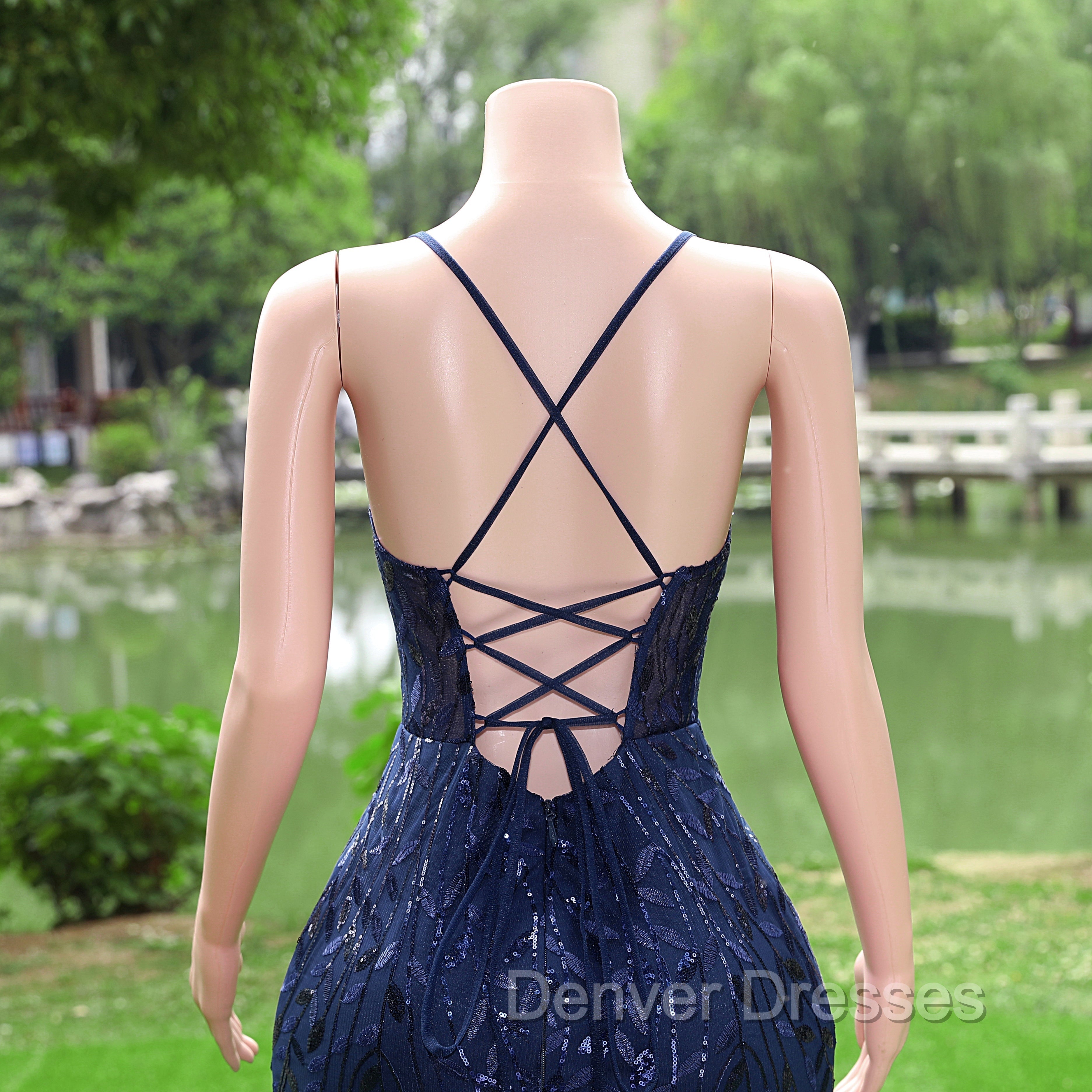 Dark Navy Blue Prom Dress Long Sequins Mermaid Women Tulle Evening Dress Spaghetti Straps