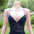 Dark Navy Blue Prom Dress Long Sequins Mermaid Women Tulle Evening Dress Spaghetti Straps