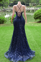 Dark Navy Blue Prom Dress Long Sequins Mermaid Women Tulle Evening Dress Spaghetti Straps