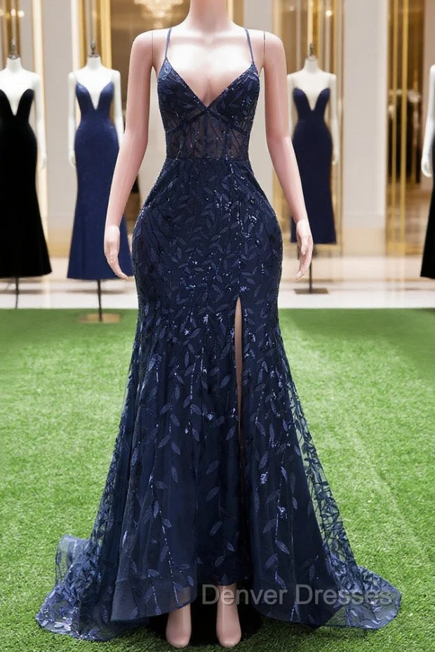 Dark Navy Blue Prom Dress Long Sequins Mermaid Women Tulle Evening Dress Spaghetti Straps Main image