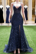 Dark Navy Blue Prom Dress Long Sequins Mermaid Women Tulle Evening Dress Spaghetti Straps