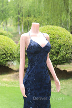 Dark Navy Blue Prom Dress Sequins Mermaid Tulle Long Evening Dress Spaghetti Straps