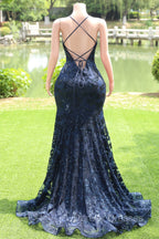 Dark Navy Blue Prom Dress Sequins Mermaid Tulle Long Evening Dress Spaghetti Straps