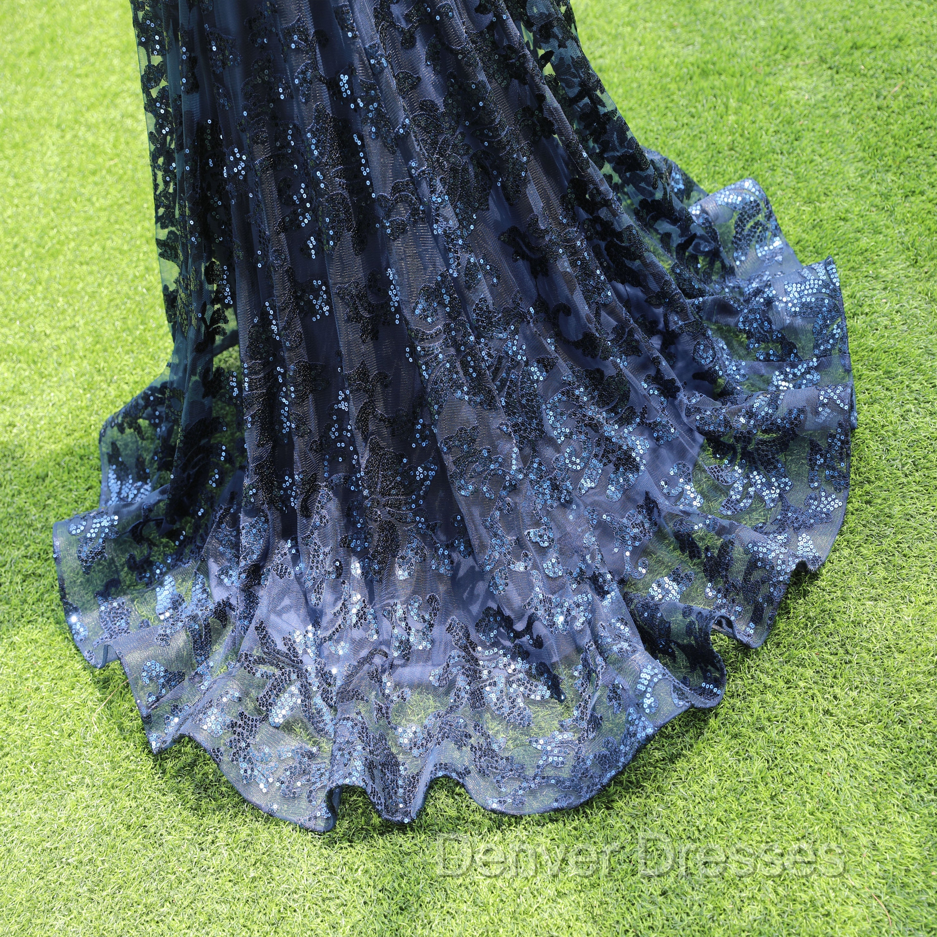 Dark Navy Blue Prom Dress Sequins Mermaid Tulle Long Evening Dress Spaghetti Straps
