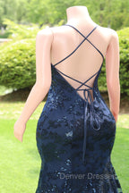 Dark Navy Blue Prom Dress Sequins Mermaid Tulle Long Evening Dress Spaghetti Straps