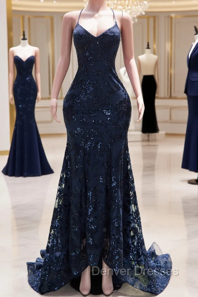 Dark Navy Blue Prom Dress Sequins Mermaid Tulle Long Evening Dress Spaghetti Straps Main image