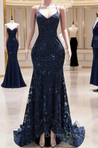 Dark Navy Blue Prom Dress Sequins Mermaid Tulle Long Evening Dress Spaghetti Straps