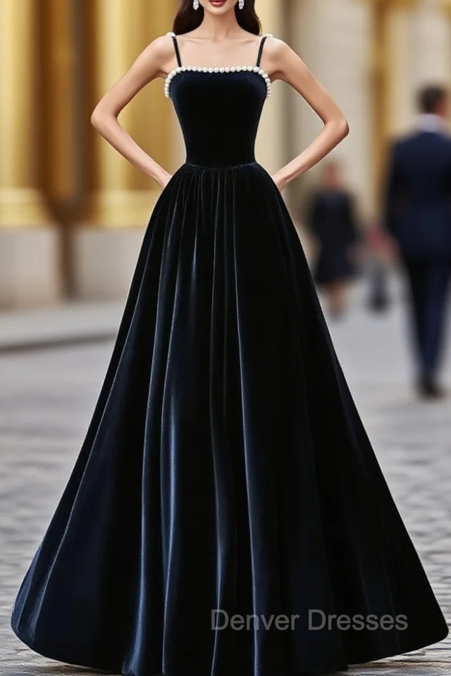 Dark Navy Blue Velvet Long Prom Dress, Dark Navy Blue Velvet Long Formal Evening Dress Main image