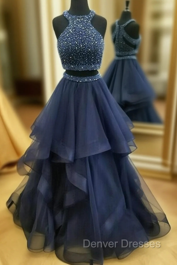 Dark Navy Halter Two Piece High Neck Tulle Beading Prom Dress Main image
