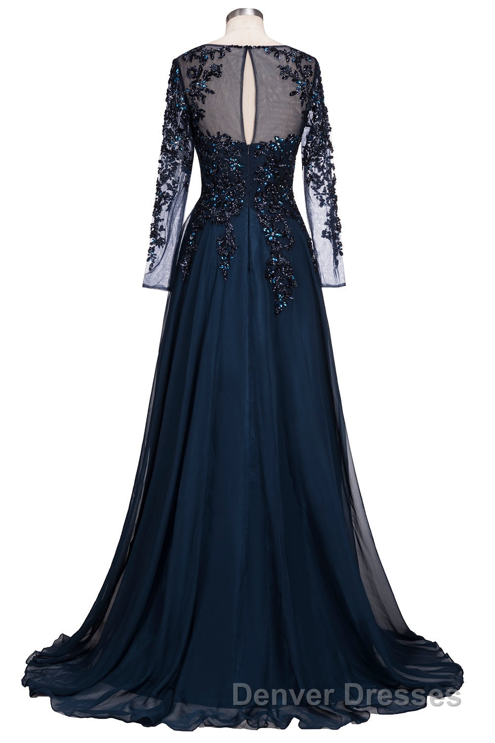 Dark Navy Long A-line Jewel Tulle Formal Evening Dress with Sleeves Secondary image