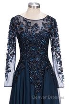 Dark Navy Long A-line Jewel Tulle Formal Evening Dress with Sleeves