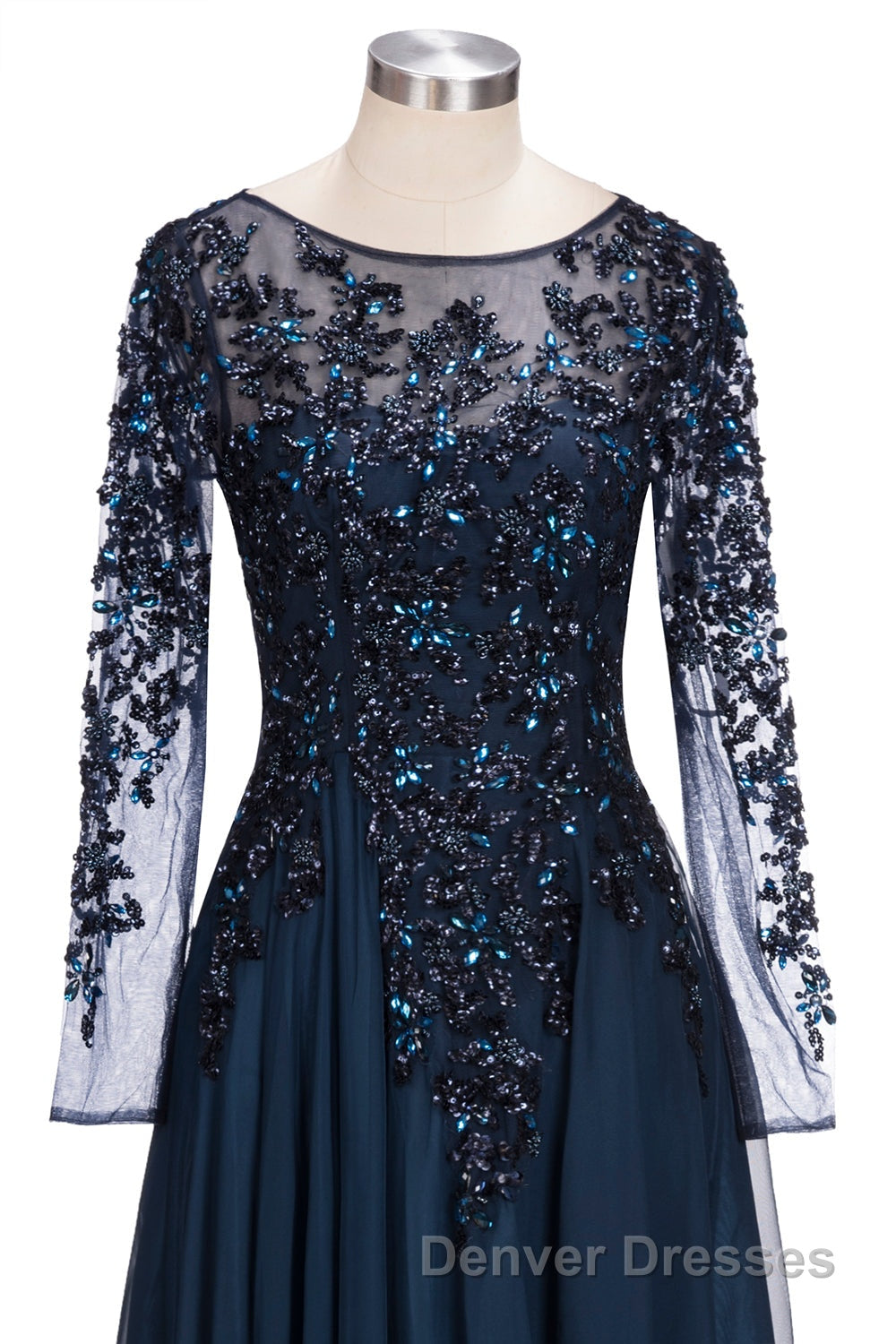 Dark Navy Long A-line Jewel Tulle Formal Evening Dress with Sleeves