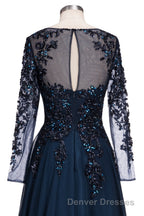 Dark Navy Long A-line Jewel Tulle Formal Evening Dress with Sleeves