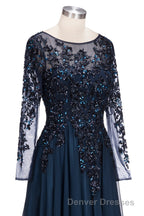 Dark Navy Long A-line Jewel Tulle Formal Evening Dress with Sleeves