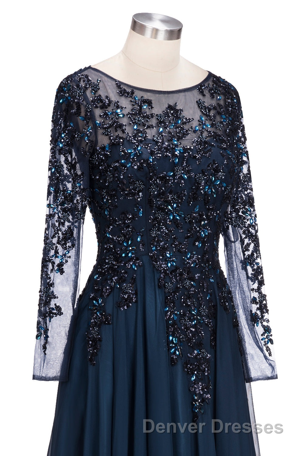 Dark Navy Long A-line Jewel Tulle Formal Evening Dress with Sleeves