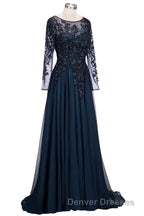 Dark Navy Long A-line Jewel Tulle Formal Evening Dress with Sleeves