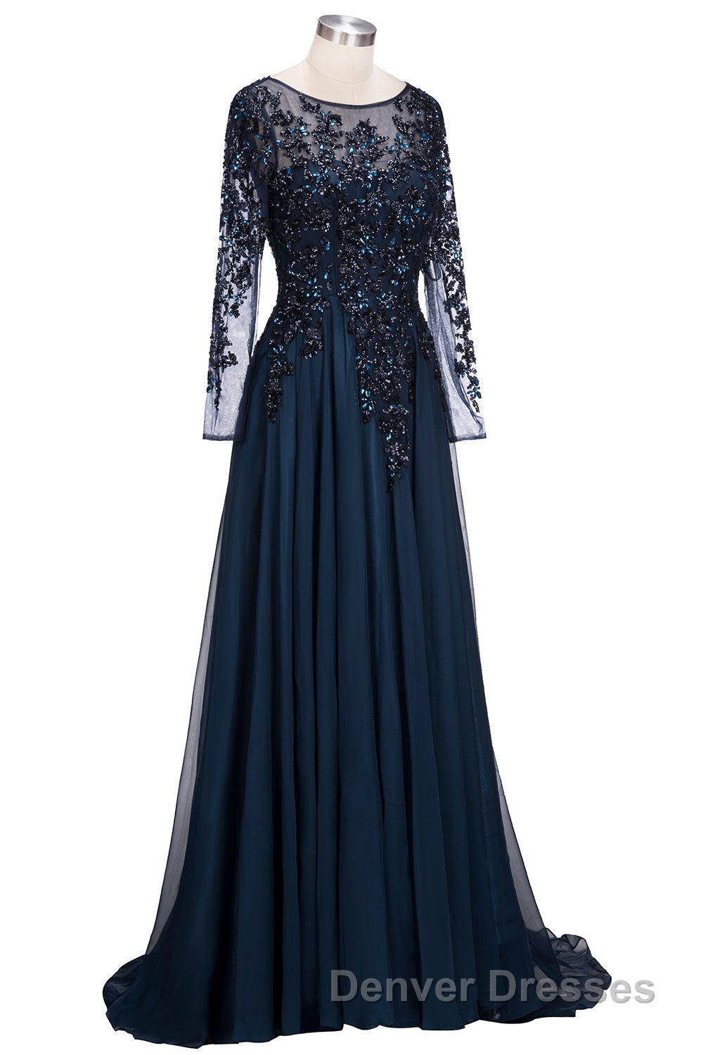 Dark Navy Long A-line Jewel Tulle Formal Evening Dress with Sleeves