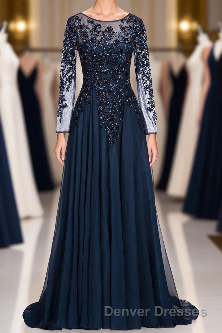 Dark Navy Long A-line Jewel Tulle Formal Evening Dress with Sleeves