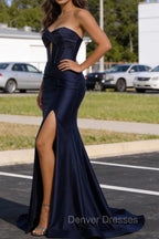 Dark Navy Mermaid Sweetheart Corset Long Prom Dress with Slit
