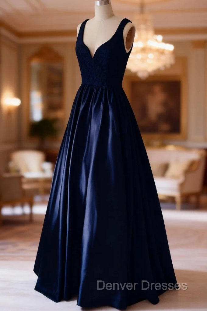 Dark Navy Prom Dress, A-line/Princess V Neck Sleeveless Long/Floor-Length Satin Prom Dress Main image