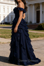Dark Navy Ruffled A-Line Square Neck Long Prom Dress