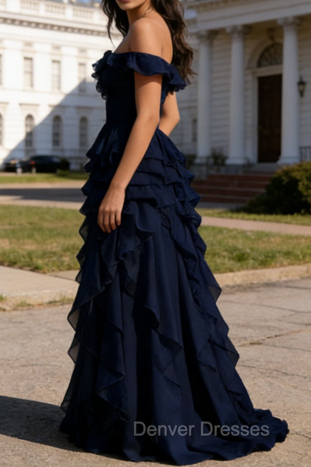 Dark Navy Ruffled A-Line Square Neck Long Prom Dress