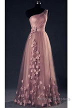 Dark Pink One Shoulder Flowers Tulle Bridesmaid Dress, A-Line Pink Prom Dress