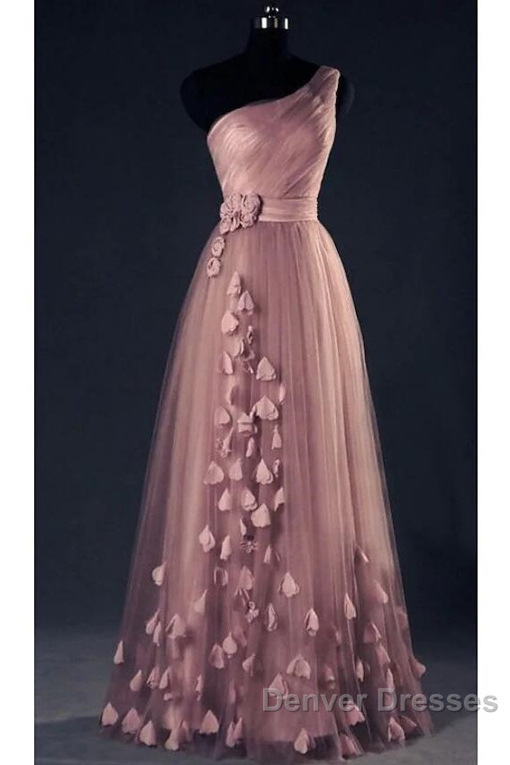Dark Pink One Shoulder Flowers Tulle Bridesmaid Dress, A-Line Pink Prom Dress